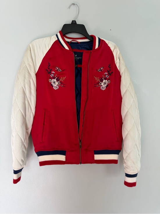 American Eagle Outfitters Jackets & Blazers - American Eagle Floral Embroidered Bomber Jacket M Red Satin Quilted Varsity